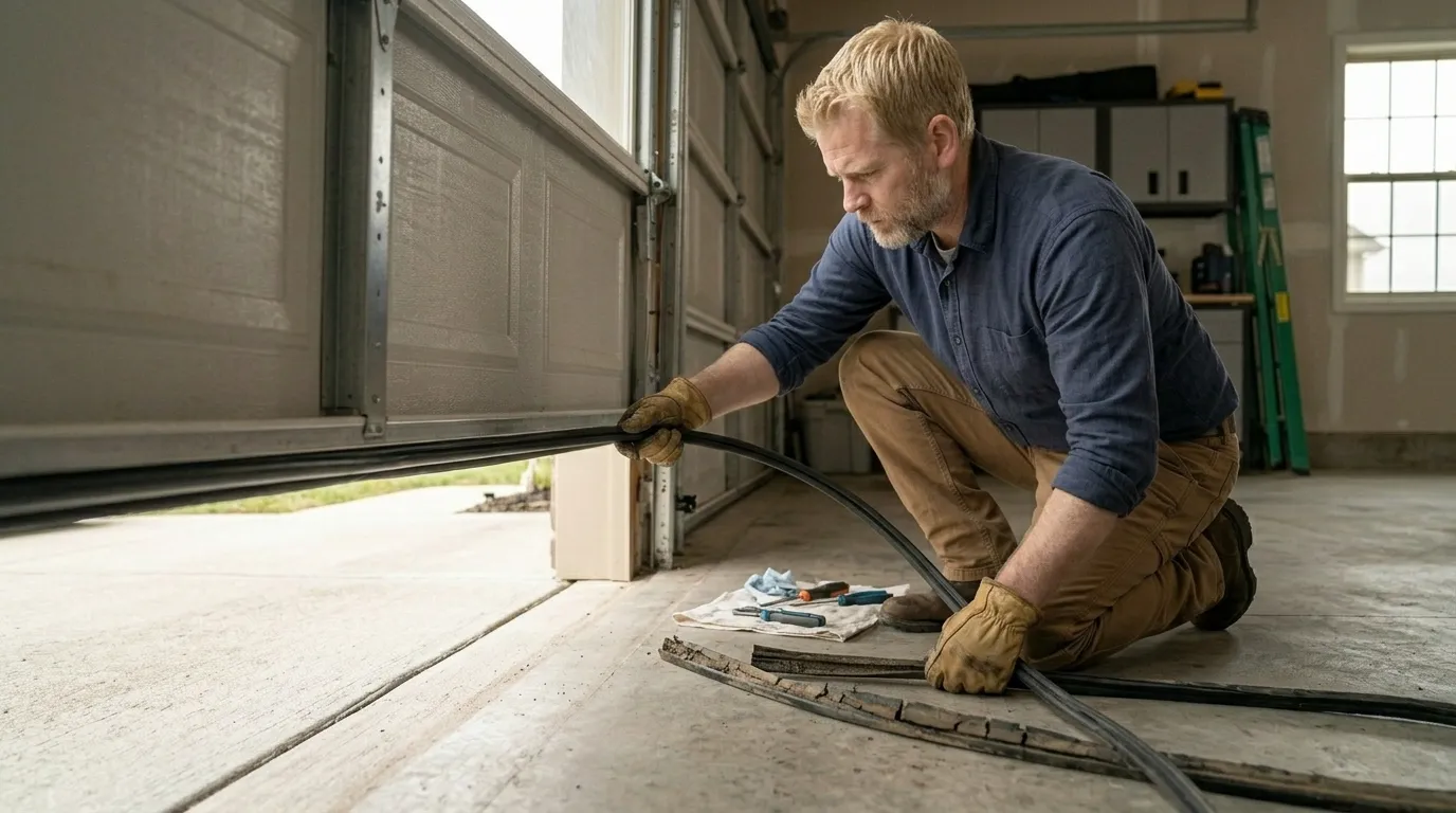 Garage door technician repairing a residential garage door in Punta Gorda Florida