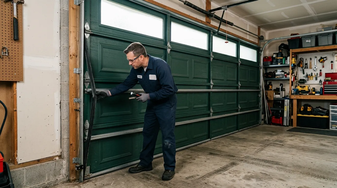 Garage door technician inspecting springs rollers tracks and opener in Punta Gorda Florida
